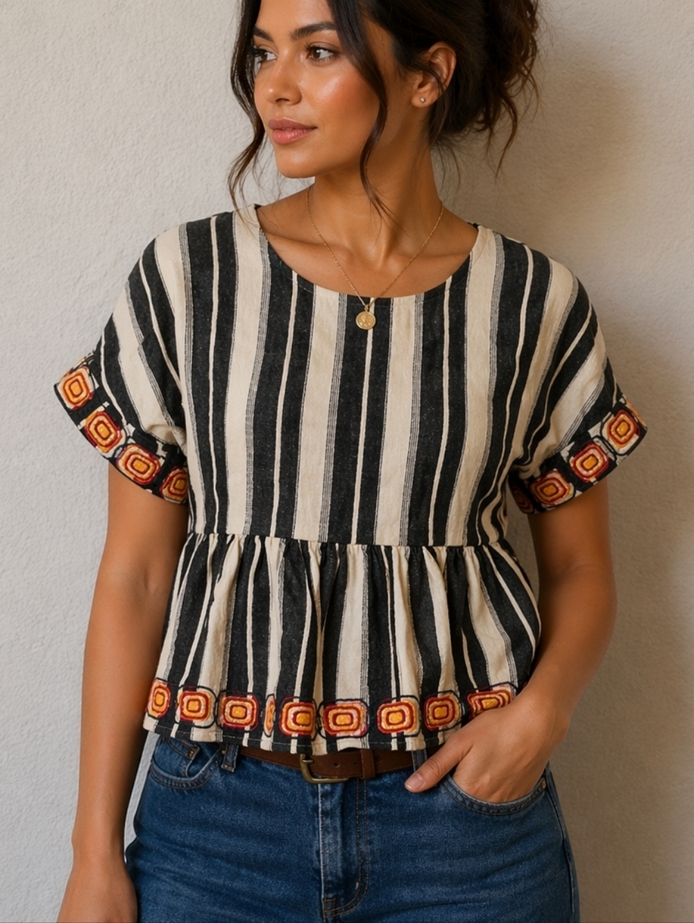 MAEVE Vieques Striped Linen Embroidered Boxy Open Back Crop Top